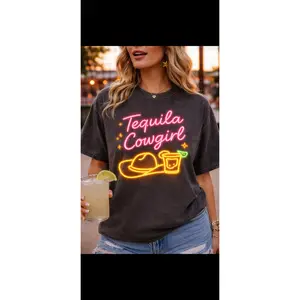 Tequila Cowgirl T-Shirt | Retro Neon Cowgirl Hat & Shot Glass Graphic Tee