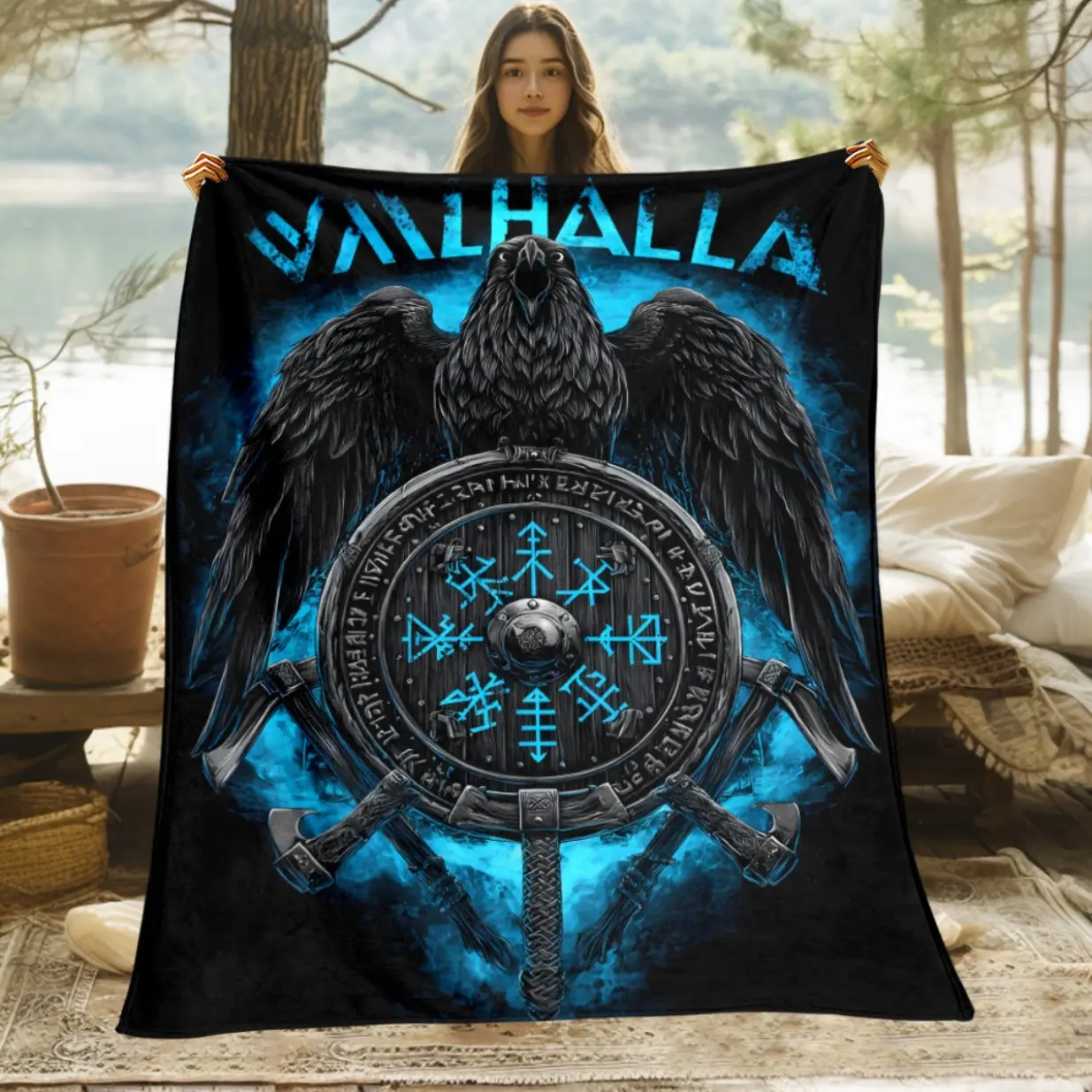 Raven Valhalla Blue Viking Norse Mythology HD Printed Flannel Blanket -  Heavyweight All-Season Soft Warm Throw for Camping, Sofa, Bed  Ragnar Lothbrok Inspired Design with Viking Ships & Runes Gift for History & Fantasy Fans