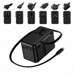 Vofox Nano GaN 7-in-1 Ultra-Compact Global Charger - 3 USB-C Ports, 1 USB-A Port, Built-in Retractable 100W Type-C Cable, Dual High-Temperature Protection, Multi-Country AC Plugs for International Travel, Smartphone Charging