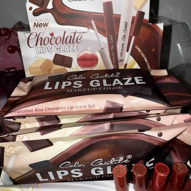 glossy Chocolate Flavored Lip Gloss Glaze 4 in a pack Makeup Temptation Kiss Chocolate Lip Glaze Set Non-Stick Matte Long-Lasting Glass Lip Glaze Set Long-Lasting Lip Glaze Soft