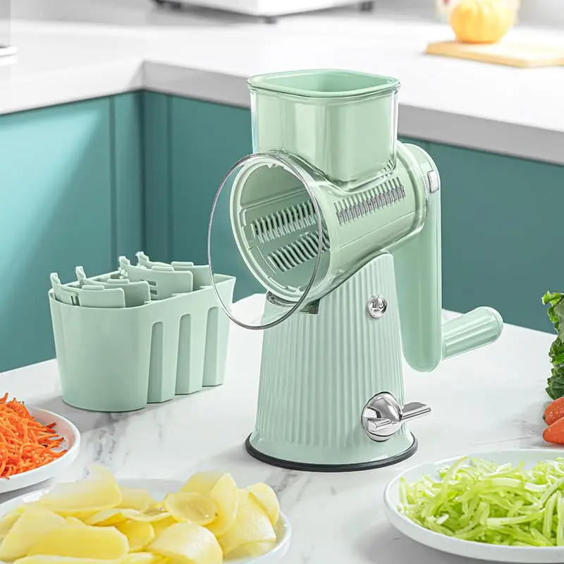 TOPAA Rotary Cheese Grater with Handle - 5 Blades, Strong Suction Base, Versatile Kitchen Gadget for Cheese and Vegetables,  Round Set Slicer Utensils