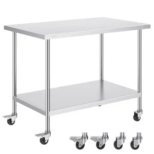 Stainless Steel Work Table 30 X 48 X 38 Inch With Four Caster Wheels And Locking Mechanisms, Three Adjustable Height Levels, Heavy Duty Food Prep Station For Commercial Kitchen, Restaurant, Bakery Or Catering Use, Silver
