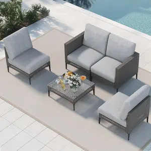 Jocoevol Outdoor Patio Sofa Conversation Set–Rattan 4 Seats Comfortable Couch for Garden, Yard, Weatherproof–Includes Glass Table, Armless Chairs, and Two-Seater Sofa