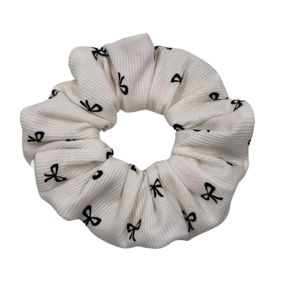 Bonita's Bow-Mance Hair Scrunchie - Cream-Colored Ribbed Fabric with Trendy Mini Black Bows, Reduces Hair Breakage, Gentle on Hair, Made in the US