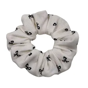 Bonita's Bow-Mance Hair Scrunchie - Cream-Colored Ribbed Fabric with Trendy Mini Black Bows, Reduces Hair Breakage, Gentle on Hair, Made in the US