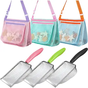 Beach Toy Set Include 3 Mesh Shovels and 3 Beach Mesh Bags,Kids Sand Sifter Colorful Mesh Bag for Shells Collecting