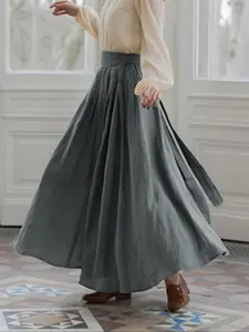 Summer Vintage High Waist Pleated Skirt, Casual A-Line Long Skirt with Slimming Effect in, Elegant for Any Occasion