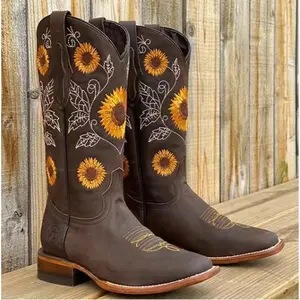 Cowgirl Western Boots for Women Mid Calf Sunflower Embroidery Stitched Square Toe Low Heel  US 6-10.5 Walking Shoes Leather Casual Footwear Comfort Decor Bota