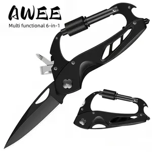 Folding EDC Survival Knife 6-in-1 Carabiner Multi Tool | Outdoor Gear with Window Breaker, Bottle Opener and Screwdrivers