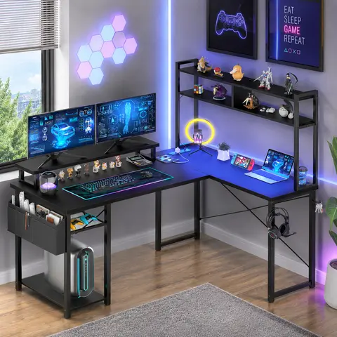 49''W Reversible L-Shaped Modern Design Gaming Desk - LED Lights, Power Outlets, Monitor Stand, Storage Shelf - Work from Home Office, Man Cave Commercial Furniture