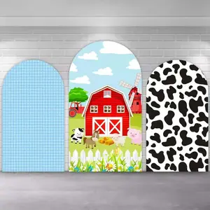 Blue Boys Farm Theme Birthday Party Arch Covers Stretchy Backdrop, Cow Print Barn House Cartoon Animals Design, Perfect for Boys Kids Birthday Party Photo Backdrop