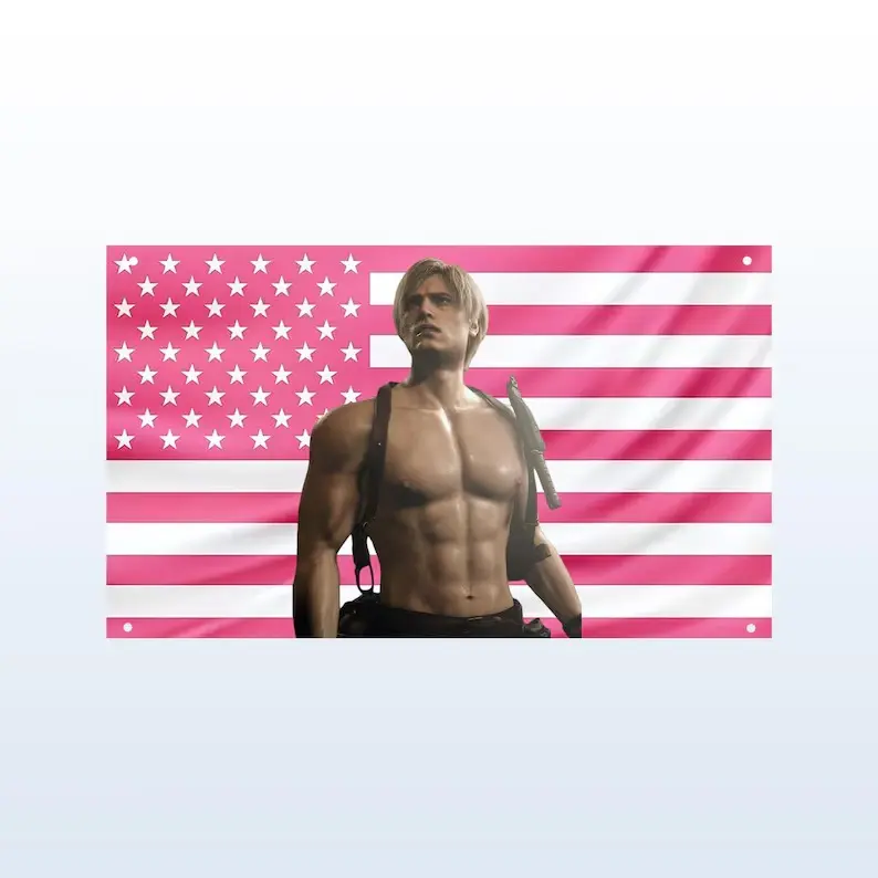 Leon S Kennedy Pink US Flag | Shirtless Resident Evil Wall Tapestry | Gamer Dorm Room Decor | Resident Evil Fan Gift