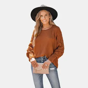 Women's Solid Wavy Texture Knit Sweater -Cupshe-L-Orange