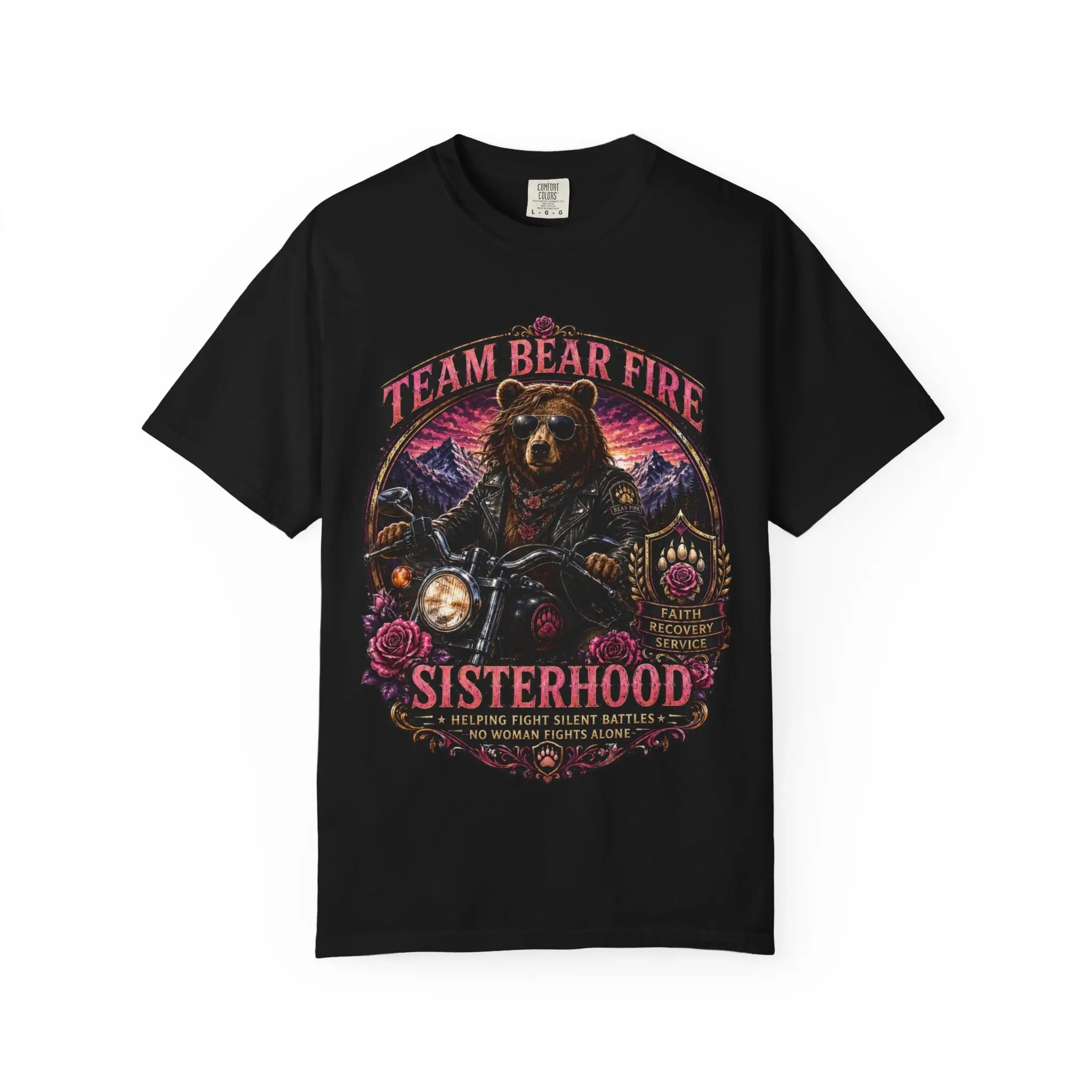 Team Bear Fire Sisterhood T-shirt | Bear Motorcycle Patch Artwork