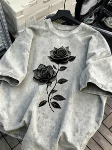Unisex Y2K Floral Print Washed Cotton Short Sleeve Round Neck Fitted T-Shirt, Casual Fashion Top for Men and Women, Comfortable Summer Wear