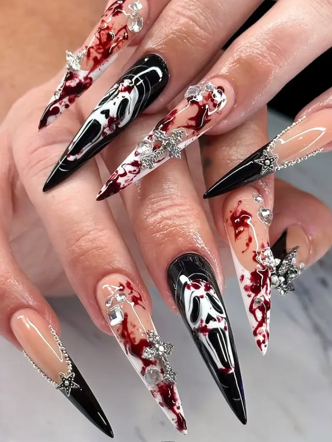 Spooky Horror Theme Press-On Nails - 3D "Scream" Face, Blood Splatter & Silver Cross Studs, Long Stiletto Dramatic Acrylic Fake Nails, Edgy Halloween/Gothic Aesthetic Manicure, Premium Reusable Handmade Art, Statement Look for Party