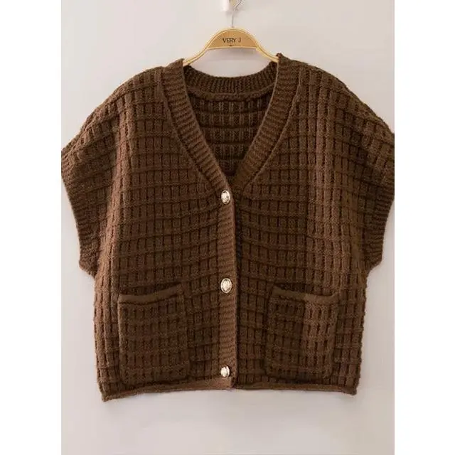 Women's Knit Cropped Sweater Vest, Polyester-Nylon Blend, Chocolate Color, Button-Front Design, Soft