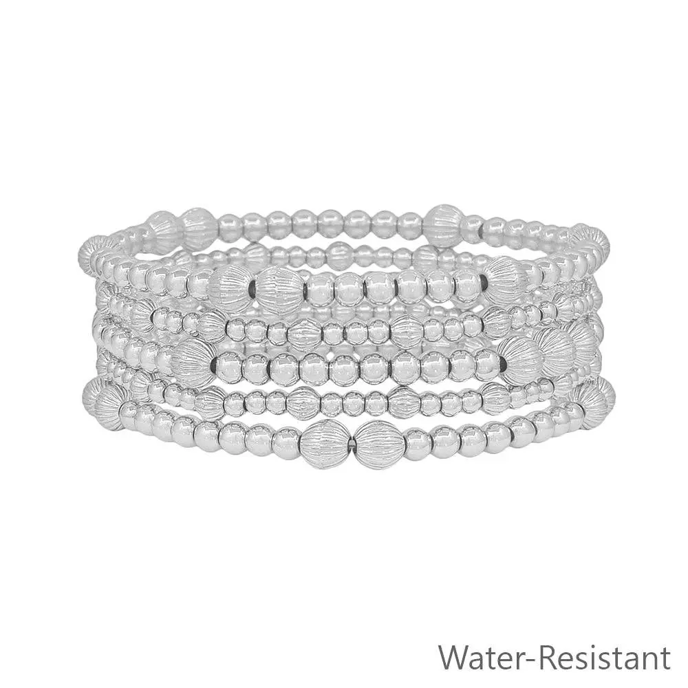 Water Resistant Silver Beaded Set of 5 Stretch Bracelets