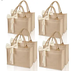8pcs Burlap Tote Bag Set with Handles Waterproof Reusable Blank Grocery Bags with Ribbon Large Jute Tote 15.35 * 6 * 12 Inch for Women Bridesmaid Gift Beach Pool Shopping Wedding Travel DIY