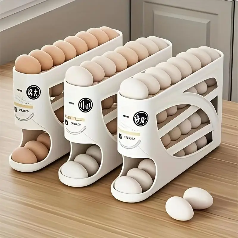 3 Layer Egg Storage Box, 1 Box Large Capacity Egg Holder, Automatic Rolling Egg Holder, Kitchen Storage Organizer for Refrigerator