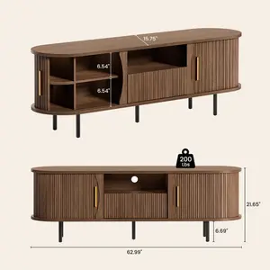 Sikaic 63 inch Mid-Century TV Stand with Storage, Fluted Entertainment Center with Sliding Doors and Drawer, Media Console up to 65 Inch for Living Room, Bedroom, Walnut Brown