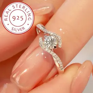 925 Silver Hollowed Twisted Engagement Ring - Four-Claw Circular Design, Elegant for Daily/Gifts - Valentine's Day Jewelry