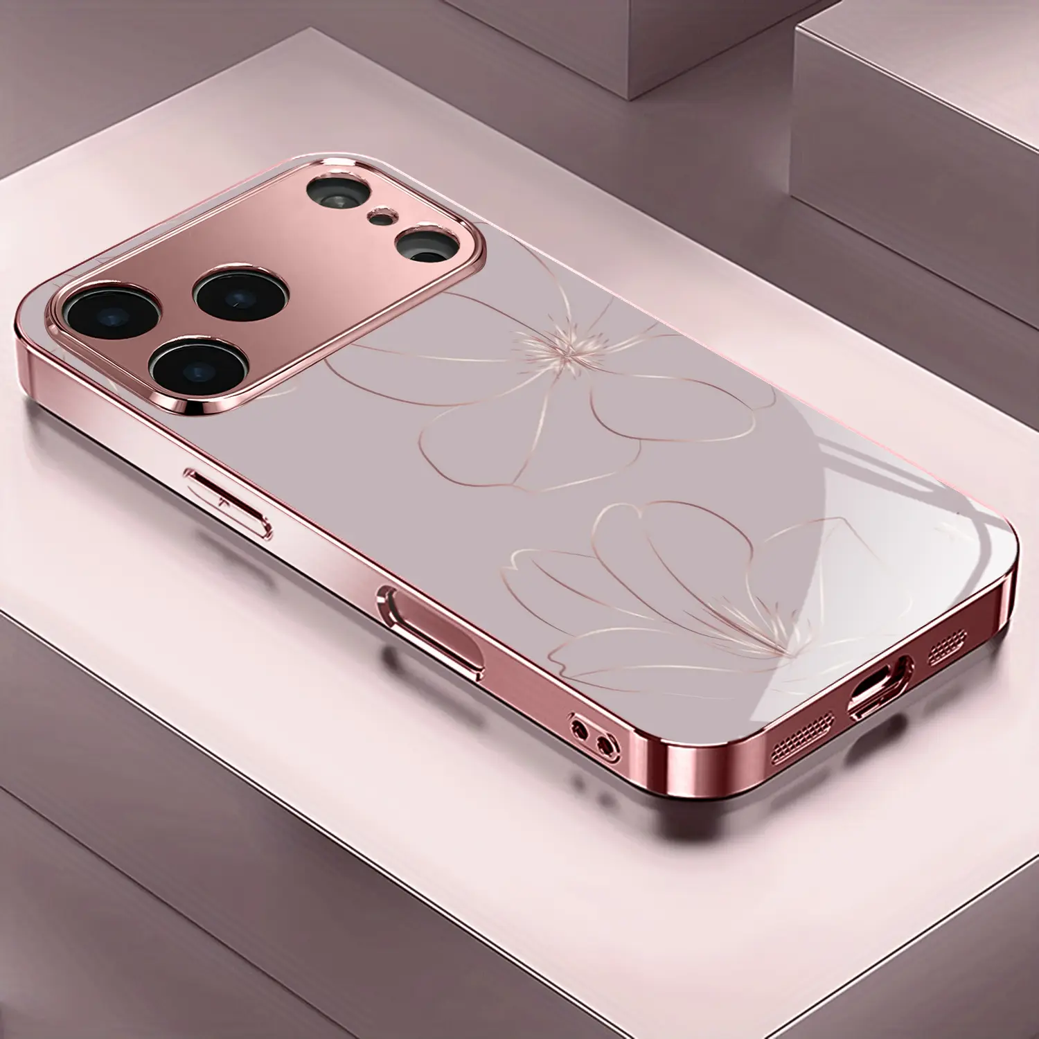Flower Rose Gold/Plated Pink Phone Case Cover for iPhone 17/16/15/14/13/12/11/X/XR/XS MAX Pro Air Pro Max Plus Mini Couple Style, Cute, Fashionable, Christmas, Tempered Glass Protective Case, Phone Protection, Modern Phone Case, UV Printed Design, Accesso