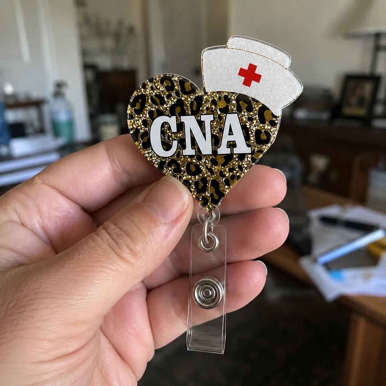 Retractable CNA Badge Reel - Leopard Heart Cheetah Print Glitter Acrylic Badge Holder with Clip, Heart Shape, Glossy Finish, Multi-Size for Certified Nursing Assistants, Fits Scrubs