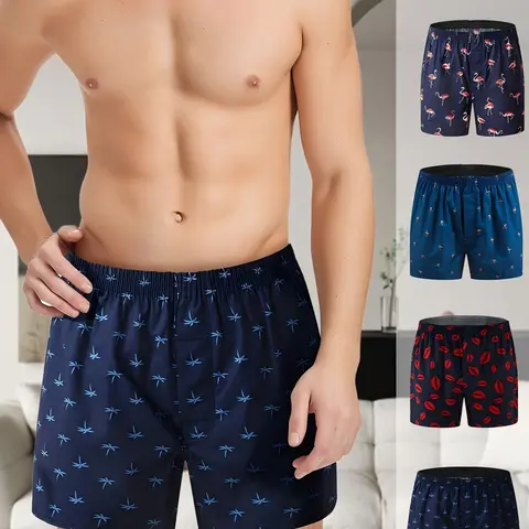 Men's Woven Cotton Plaid Boxer Shorts - 4-Pack, Button-Closure, Stylish Funny, Soft Breathable Loose, Menswear Nightwear Sleep Pajamas Shorts Loungewear, Summer Everyday Essentials