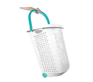 Bushel Rolling Plastic Laundry Hamper - 2 Bushels, White, Pop-up Handle, Suitable for Adults & Tween Users