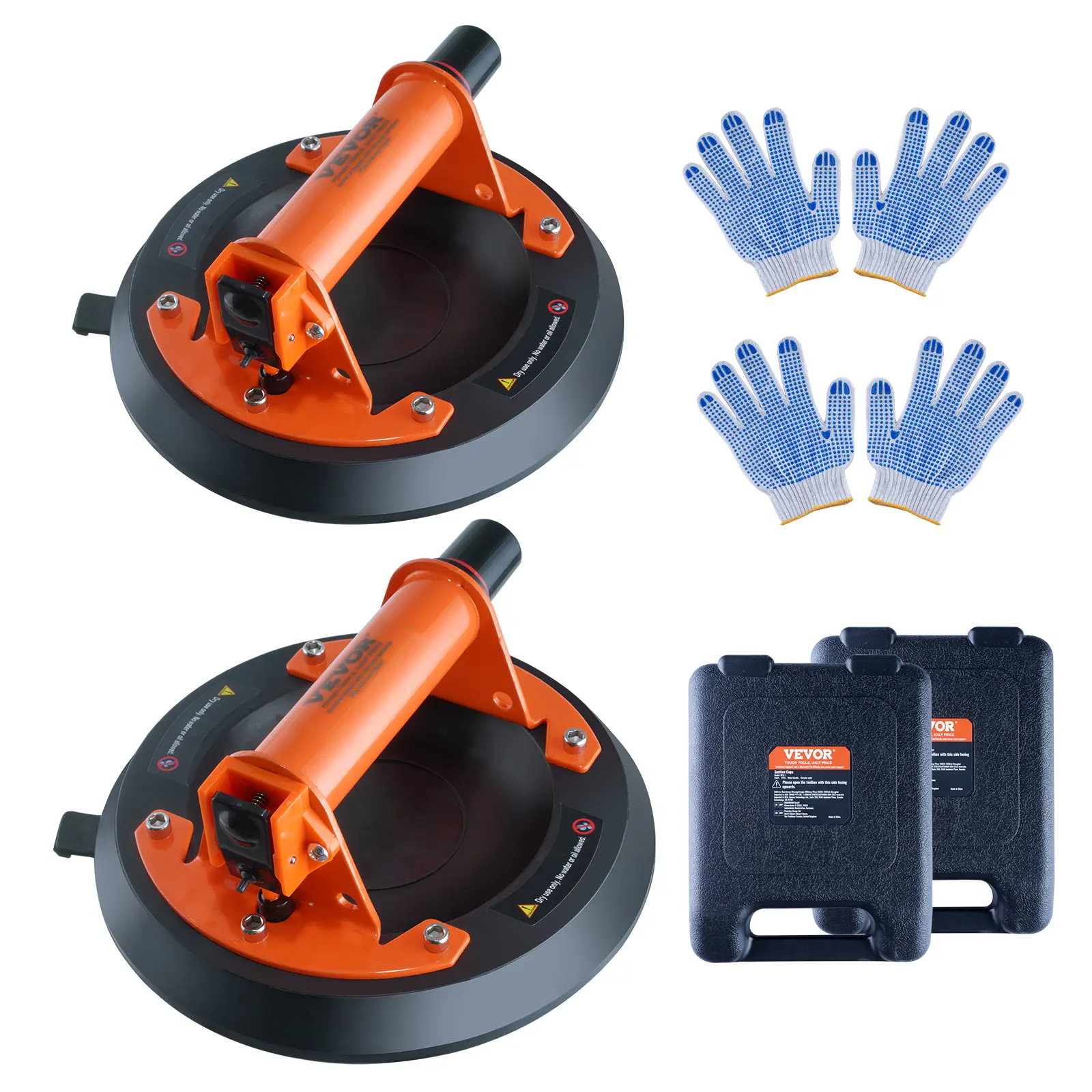 VEVOR Industrial Vacuum Glass Suction Cup Lifter Tool, 2-Pack 8" 615lbs Cap. with ABS Handle & Carry Box, Leakproof Seal Heavy Duty for Glass Lifts, Metal/Wood