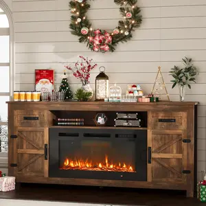 【2 Packages Shipping】oneinmil Fireplace TV Stand with Barn Door for TVs up to 80", Farmhouse 70" Fireplace Entertainment Center with Storage Cabinets, White TV Stand and Black Fireplace White & Brown,