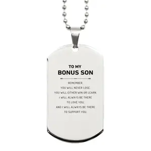 Bonus Son Gifts, To My Bonus Son Remember, you will never lose. You will either WIN or LEARN, Keepsake Silver Dog Tag For Bonus Son Engraved, Birthday Christmas Gifts Ideas For Bonus Son X-mas Gifts