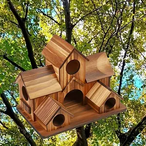 1pc Contemporary Natural Wood Bird House-Outdoor Garden Decor with Multiple Entry Points,No Electricity Needed, Attracts Birds&Enhances Biodiversity,Bird Decor,Bird Feeding Station,Rustic Birdhouse,Backyard Wildlife,Nature Decorators