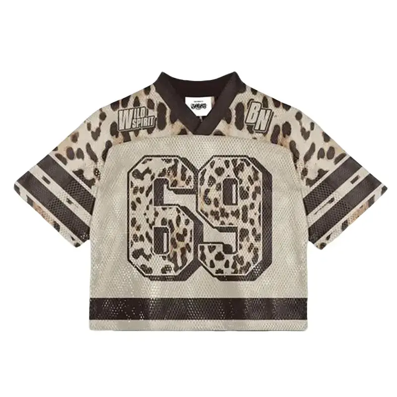 Beige Brown Cropped Mesh Football Jersey V-Neck 69 Wild Spirit