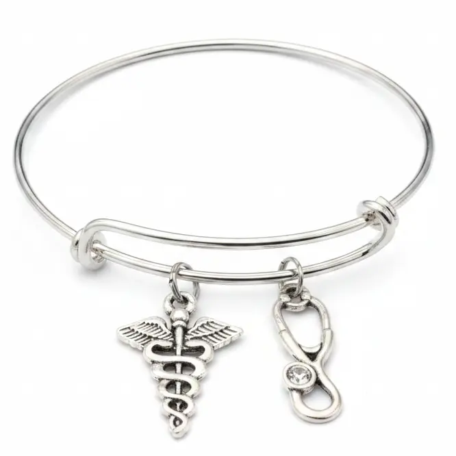 Medical Caduceus & Stethoscope Charm Bangle Bracelet | Nurse & Doctor Gift Jewelry