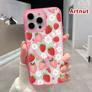 Simple Strawberry Pattern Magnetic Phone Case for iPhone 16 15 14 Pro Max 13 12 11 XR XS E Plus Clear Crystal Drop-proof Slim Silicone Shockproof Transparent Protective Cover Supports Wireless Charging