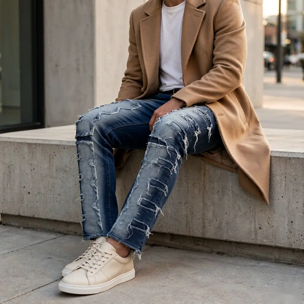 Men's Patchwork Ripped Jeans, Distressed Straight Leg Denim Pants with Frayed Hem, Vintage Wash 90s Streetwear Grunge Outfit