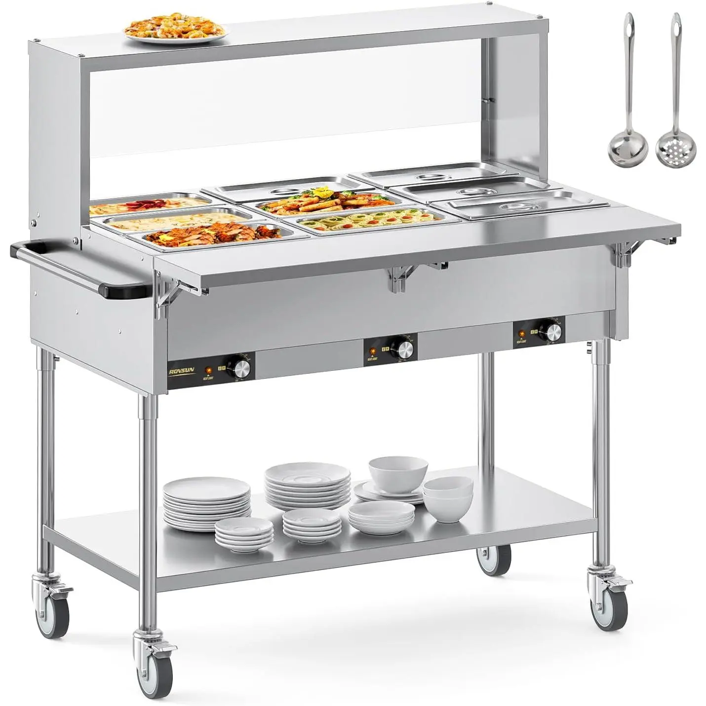 ROVSUN 1500W Electric Commercial Food Warmer - 72QT Stainless Steel Bain Marie Steam Table Food Steamer, Kitchen Appliances Household Appliances with Overshelf, Undershelf, Separate Temp Control, Lid & Acrylic Shield for Buffet Restaurant