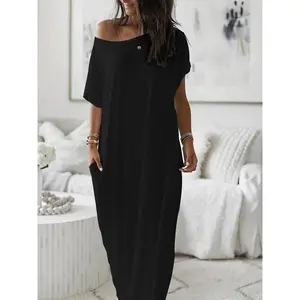 Women's Solid Color Batwing Sleeve Lounge Dress, Casual Comfy Short Sleeve Nightdress for Daily Wear, Ladies Loungewear Sleepwear for All Seasons, Womenswear
