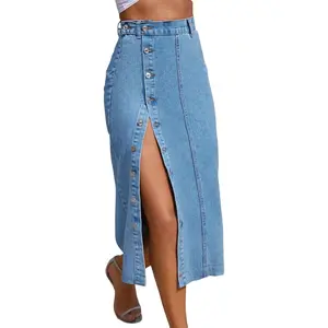Women's Trendy High Waisted Denim Skirt Button Front Slit Midi Skirt Ladies Fashion 2025 Summer