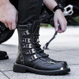 [Comfy High Top Boots] Comfy Solid High Top Boots - Men's Non Slip Lace Up Durable Shoes for Outdoor Activities Boy Closed Footwear Leather