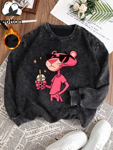 Women's Casual Vintage Wash Cotton Pullover Sweatshirt, Round Neck Long Sleeve Fleece Lined Hoodie for Fall Winter Fashion
