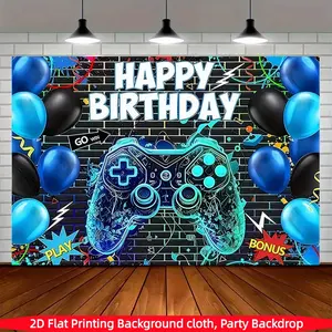 Game Theme Birthday Banner, Blue Balloon Decor, Game Controller Background Cloth, Polyester Material, Party Decoration, Wedding, Festival