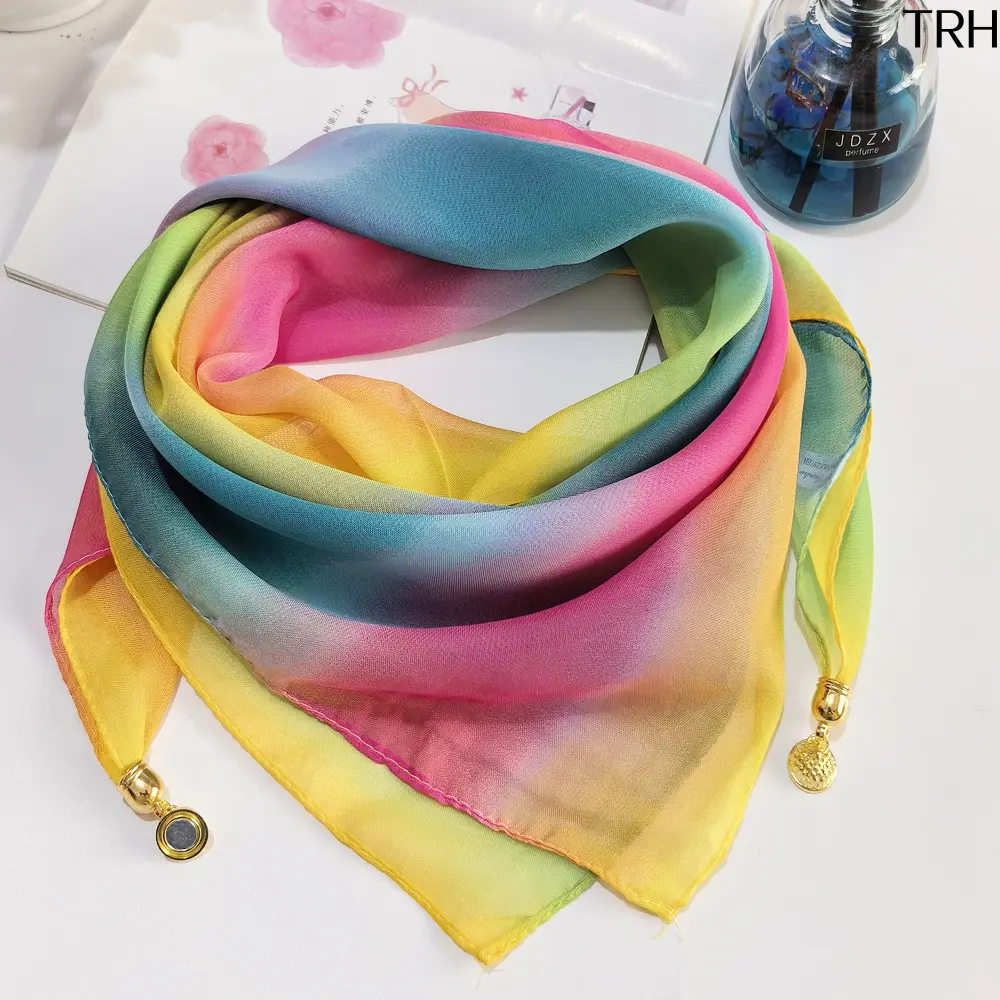 Women's Gradient Floral Chiffon Neck Scarf - Magnetic Gold Pendant Triangle Neckerchief, Detachable Magnetic Pendants, Lightweight Sun Protection Windproof Accessory for Female Travel Hair Styling Daily Use, Magnetic Pendent