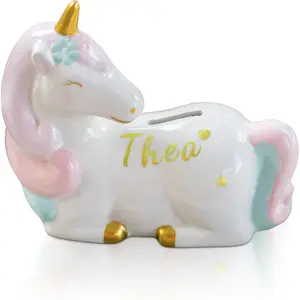 Unicorn Piggy Bank Girls - Ceramic Piggy Bank w/Rubber Stopper - Free Printable Saving Tracker - Personalized Unicorn Toy for Kids - Cute Birthday Gift for Your Boys & Girls
