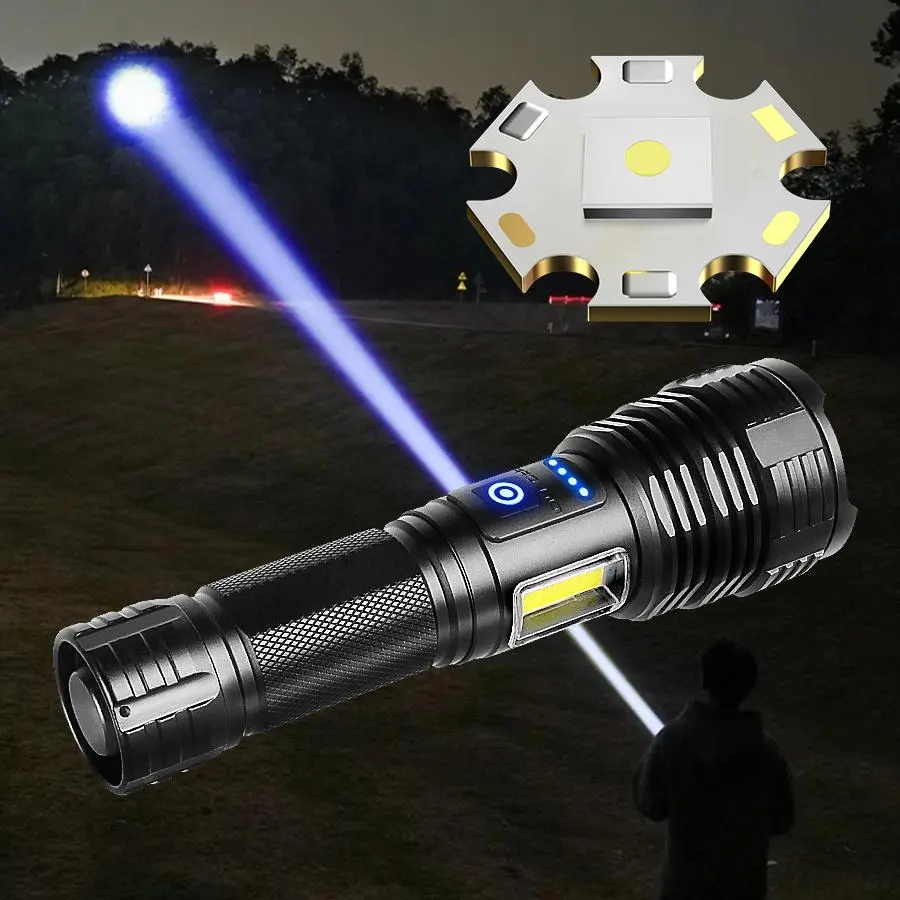 High Power Flashlight, High Lumens Flashlight, 1 Count Rechargeable Zoom Flashlight, Portable Torch Light with Side Lights for Fishing Patrol Camping Emergency Lighting, Rechargeable Work Light, High Lumen Flashlights, Rechargeable Spotlight Flashlight