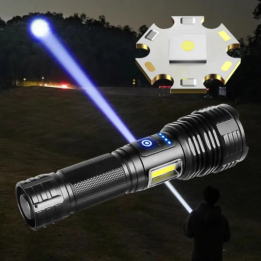 High Power Rugged Flashlight, 1 Count Rechargeable Zoom Flashlight, Portable Outdoor Torch Light with Side Lights for Fishing Patrol Camping Emergency