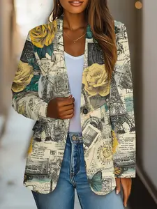 Women's Lightweight Artistic Print Slim Fit Long Sleeve Woven Blazer Jacket, Elegant Casual Fashion Outerwear for Daily Wear & Parties