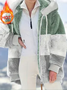 Women's Autumn Winter Warm Plush Hooded Jacket, Loose-Fitting Zipper Pocket Design, Casual Fashion Outerwear for Ladies